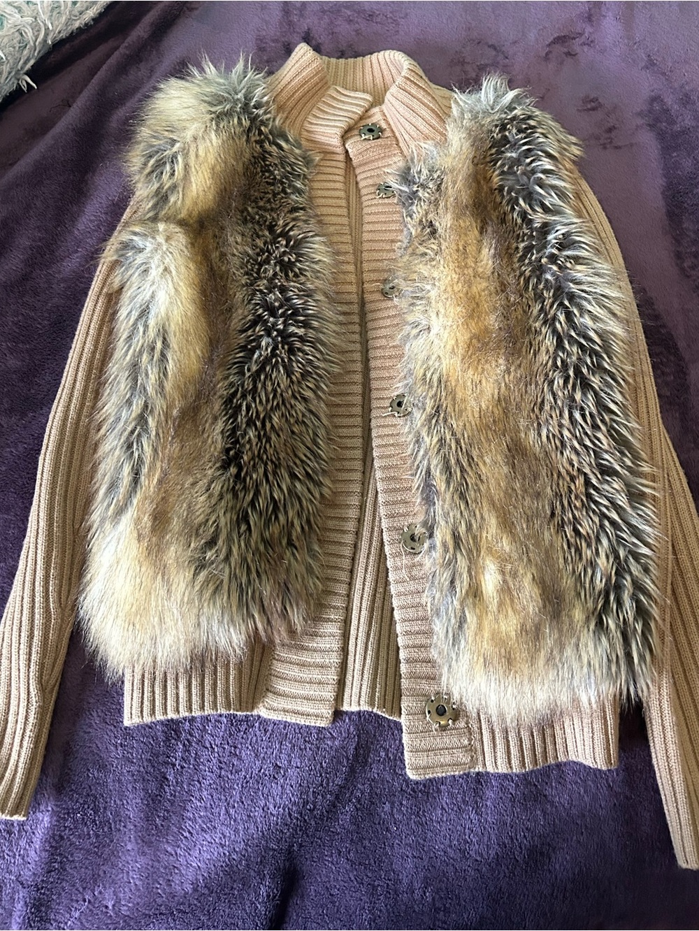 Michael Kors Beige Knit Jacket with Faux Fur Panels